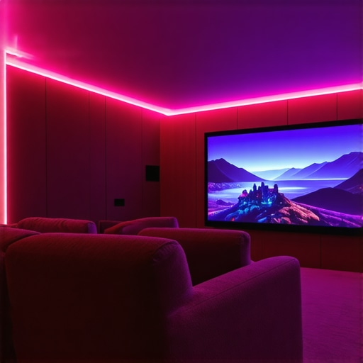 Luxurious home theater with layered ambient lighting and LED integrations.