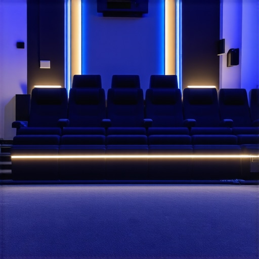 Interior view of a modern home theater with accent LED lighting highlighting architectural details.