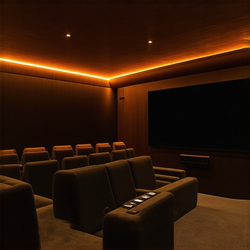 A sleek home theater with multi-zone LED lighting, demonstrating advanced ambient lighting setup.