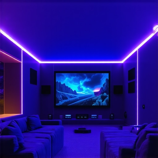 An advanced home theater room illuminated with layered ambient lighting, highlighting LED strips, cove, and wall grazing effects for immersive experience.