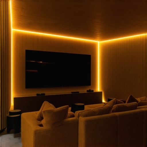 Home theater with multiple ambient lighting layers and LED strips for immersive experience
