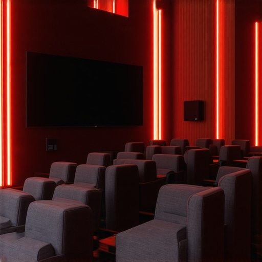 A luxurious home theater featuring customizable LED bias and ambient lighting, with a large screen and plush seating, demonstrating a seamless integration of technology and comfort.
