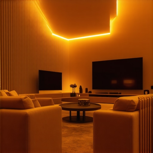 Luxurious home theater with ambient LED lighting and cozy seating.