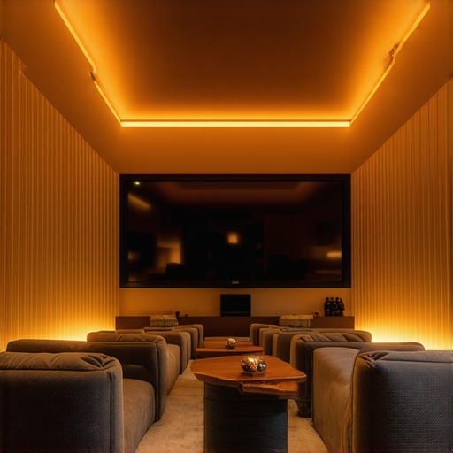 Home theater room illuminated with multi-layered LED strip lighting demonstrating spectrum calibration and multi-axis layering.