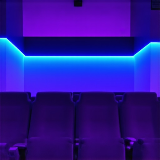 Home theater room with tiered LED ambient, task, and accent lighting creating an immersive cinematic environment.