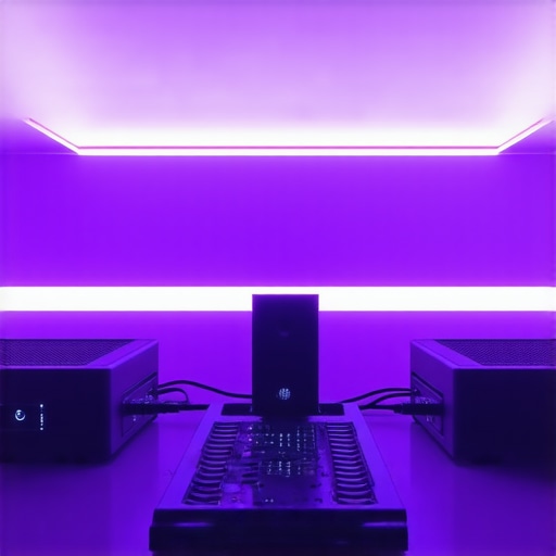 Advanced spectral calibration tools with LED lighting in a high-tech home cinema.