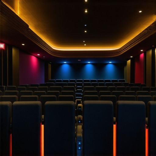 Illuminated modern home theater with advanced LED lighting in various zones for cinematic immersion