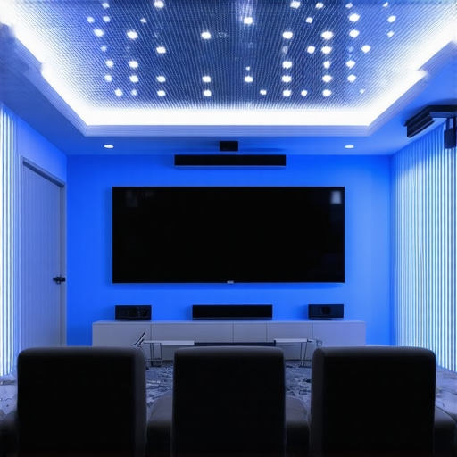 Close-up of LED strips with spectral tuning controls in a sleek home theater environment.