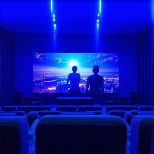 A modern home theater showcasing dynamic, media-synchronized LED ambient lighting enhancing the cinematic atmosphere.