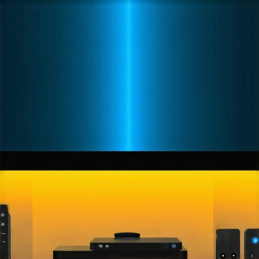 Illustration showing AI-controlled lighting system with sensors adjusting ambient light near an OLED TV.