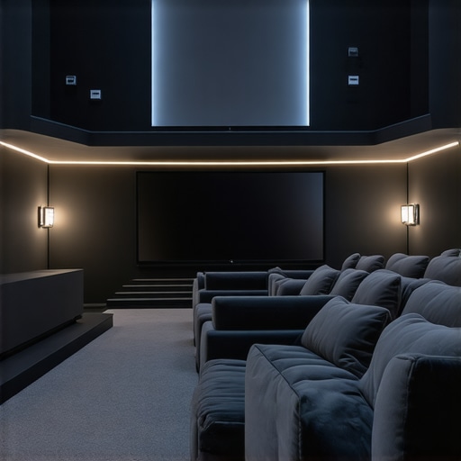 A sophisticated home theater setup with dynamic LED lighting responding to video content and ambient light sensors.