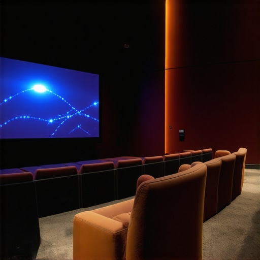 A high-tech home theater room showcasing multi-zone LED lighting with diffusers and textured surfaces