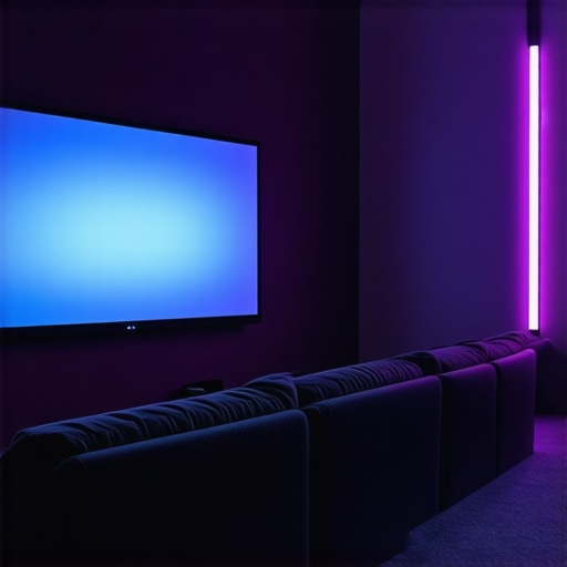 Sophisticated home theater ambient lighting featuring smart LED strips with real-time voltage adjustment.