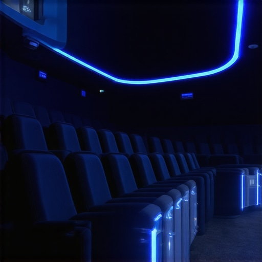 High-tech home theater room showing adaptive LED strips with scene-responsive lighting adjustments.