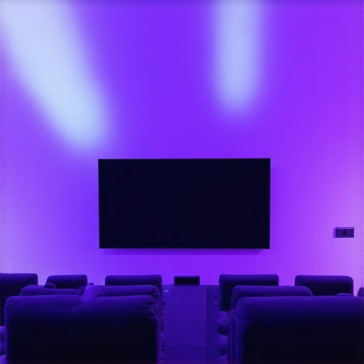 Home theater with adaptive LED lighting synchronized to video content.