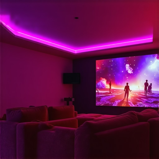 A modern home theater equipped with multi-zone RGB LED strips responding to cinematic scenes with vivid color changes.