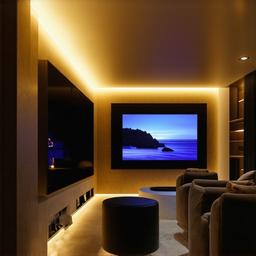 A modern home theater with concealed cove lighting and layered ambient illumination