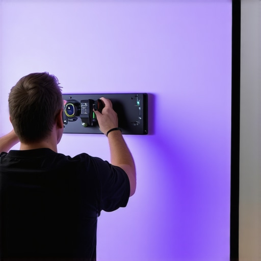 Close-up of professional installing diffused LED strip lighting in a home theater setting, emphasizing precise placement and diffuser use.