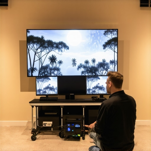 Home theater calibration scene with spectrometer and control devices adjusting bias lighting.