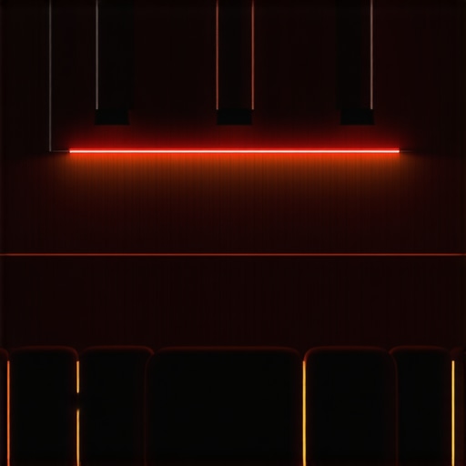 A modern home theater featuring synchronized LED strip lighting controlled by decentralized microcontrollers, illustrating advanced wiring and technology integration.