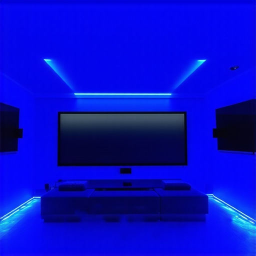 Advanced spectral-tunable LED strips integrated into modern home theater architecture for immersive ambient lighting.