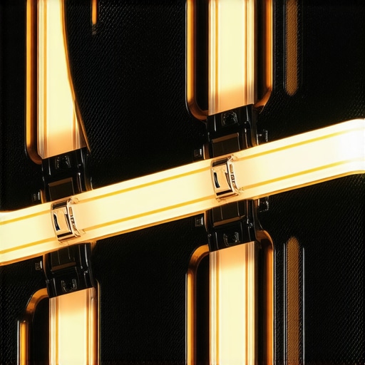 Close-up of modular clamp systems securing LED strips on reflective carbon-fiber surfaces, showcasing advanced fixation technology.