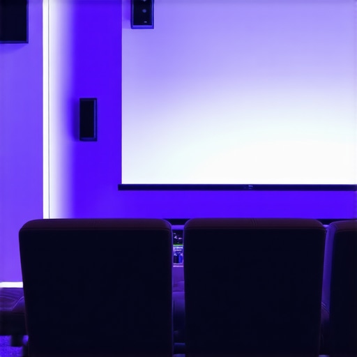 A high-end home theater with LED lighting, diffusers, and calibrated displays creating an immersive viewing experience.