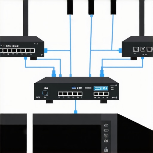 Diagram showing strategic placement of routers, switches, VLANs, and lighting devices in a home theater setup.