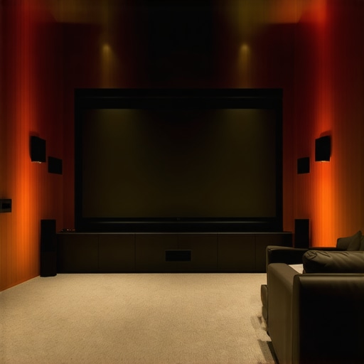 A professional home theater with mood lighting, diffusion panels, and acoustic treatments, demonstrating the integrated setup for optimal visual and audio experience.