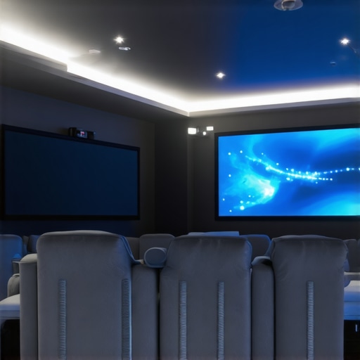 Futuristic home theater setup showcasing adaptive bias lighting synchronizing with display output.