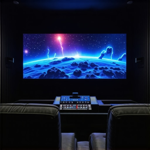 A sleek home theater setup with advanced spectral calibration tools and adaptive LED lighting systems.