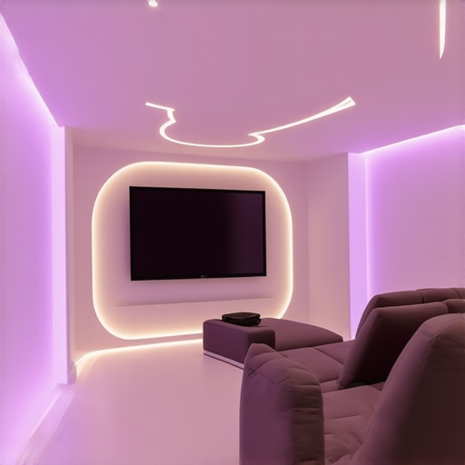 A modern home theater setup featuring customizable spectral LED lighting along the perimeter, emphasizing innovative ambient lighting solutions.