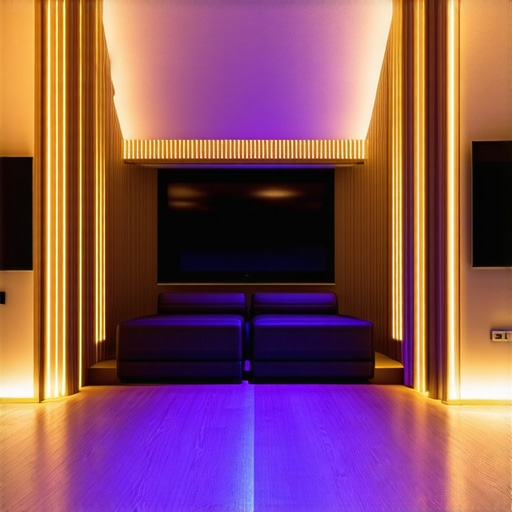 Close-up of spectrally tuned LED strips installed in a high-end home theater environment, showcasing multi-zone lighting control.