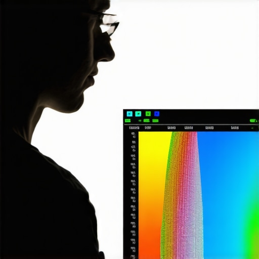 Scientist using spectral measuring device to calibrate LED bias light in a modern home theater.