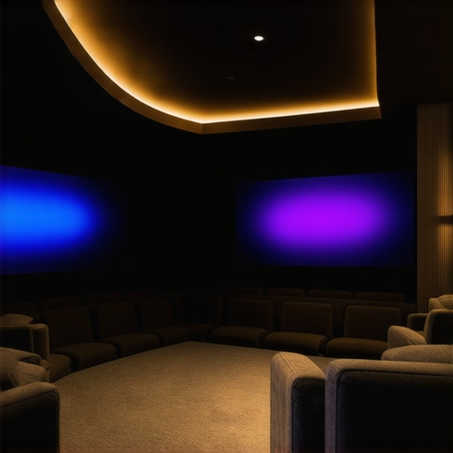A sophisticated home theater setup featuring adaptive bias lighting with sensors and spectral tuning controls.