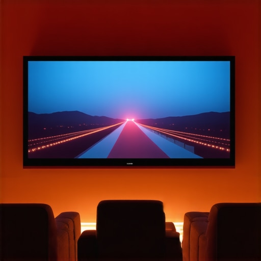 High-end home theater with dynamic RGB LED strips and spectral calibration equipment.