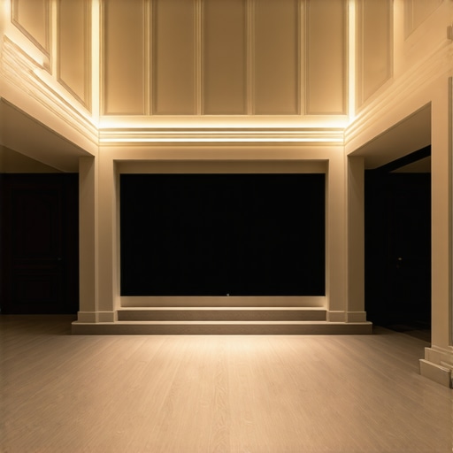 Futuristic home theater setup with multi-zone LED bias lighting and spectral calibration controls.