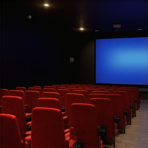 Home theater with layered diffusers and adjustable bias lighting for immersive viewing.