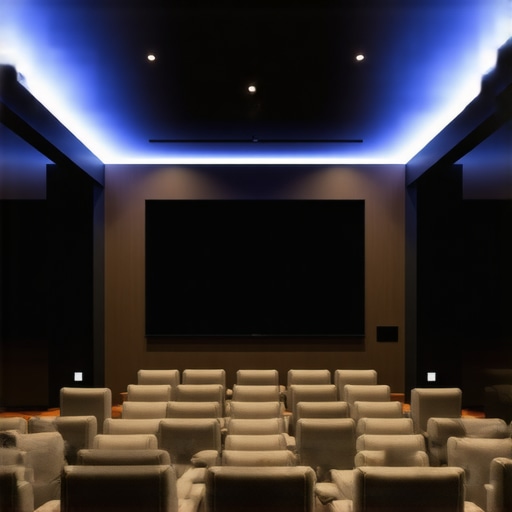 Home theater with layered ambient lighting and diffusers