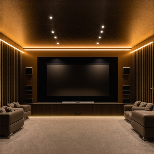 A sophisticated home theater setup with advanced lighting control for enhanced contrast and depth.