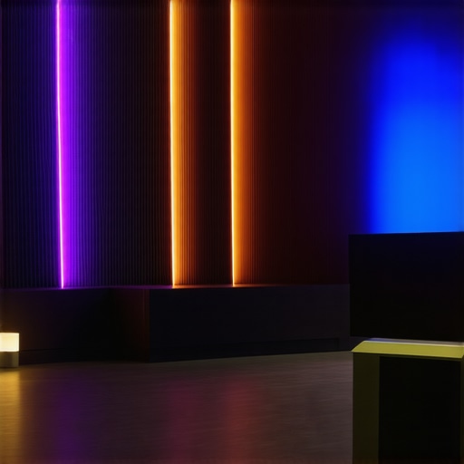 A modern home theater with strategically placed bias LED lights highlighting calibration equipment and reflective surfaces for optimal viewing experience