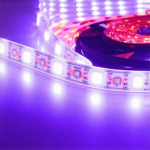Close-up of a high-tech LED strip featuring quantum dots and spectral tuning sensors in a premium home theater environment.