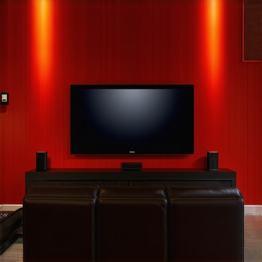 Illustration of a home theater with adaptive bias lighting controlled by sensors and microcontrollers.