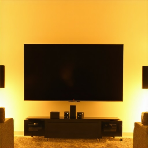 A modern home theater room with sophisticated, multi-zone LED lighting, reflective wall surfaces, and integrated control interfaces.
