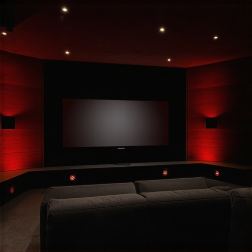 A luxurious home theater environment showcasing layered and adaptive bias lighting with diffused backlighting and smart controls.