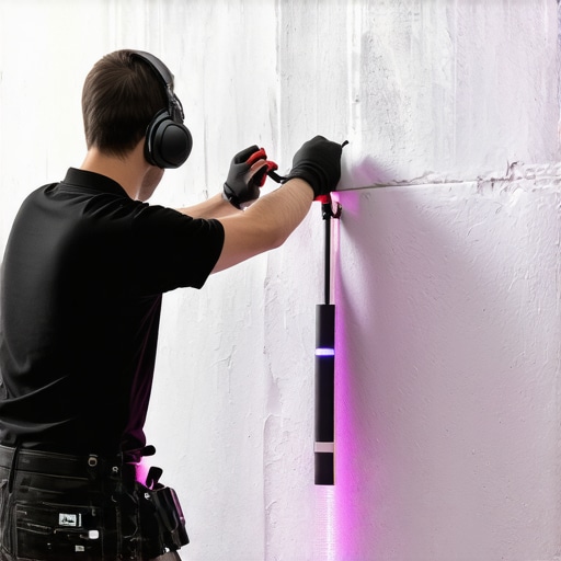 Professional installer mounting LED strip behind textured wall panels in a home theater