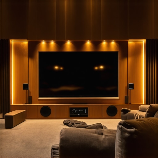 A luxurious home theater with advanced lighting controls, spectral tuning devices, and multisensory integration