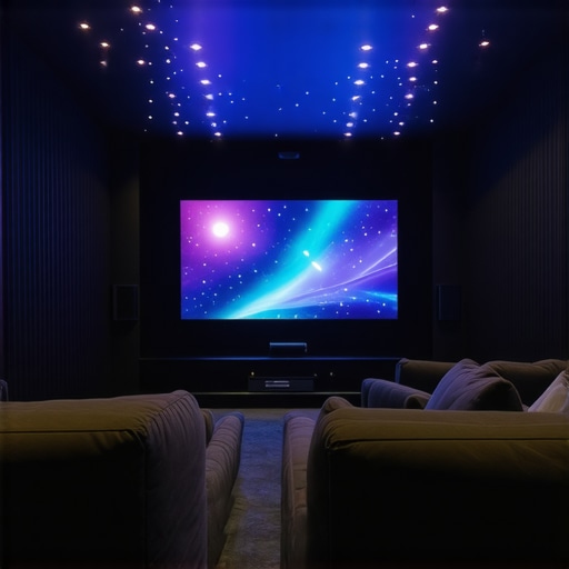 A modern home theater featuring synchronized LED strips and spectral color calibration tools, emphasizing expert lighting setup.